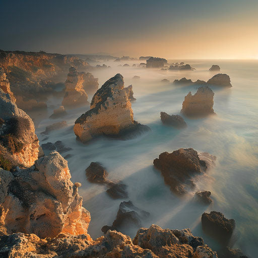Rocha Beach with mist on the sea and rocks, in the style of Erez Marom