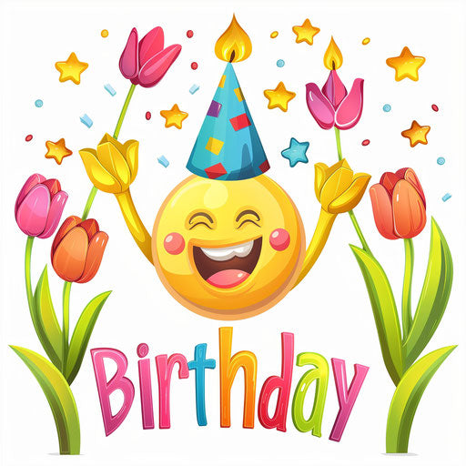 Happy birthday message with emoji on white background