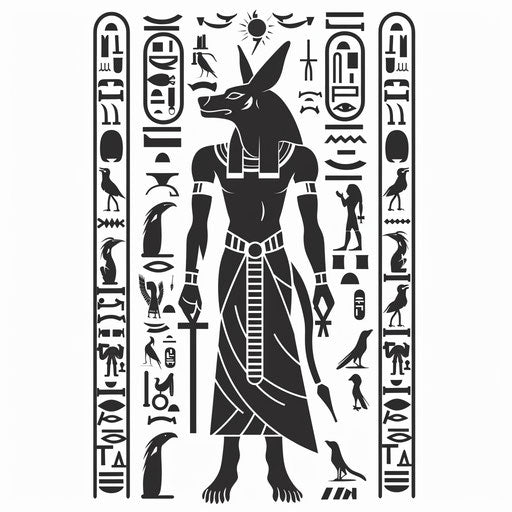 Mythical Anubis stencil surrounded by hieroglyphics
