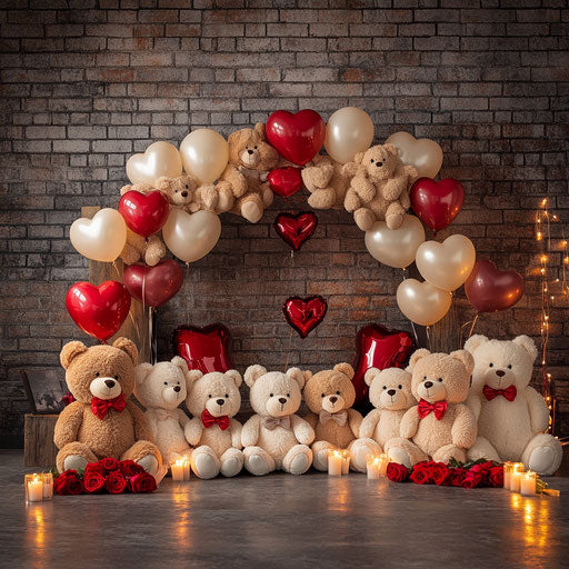 Arch of plush teddy bears with heart-shaped balloons
