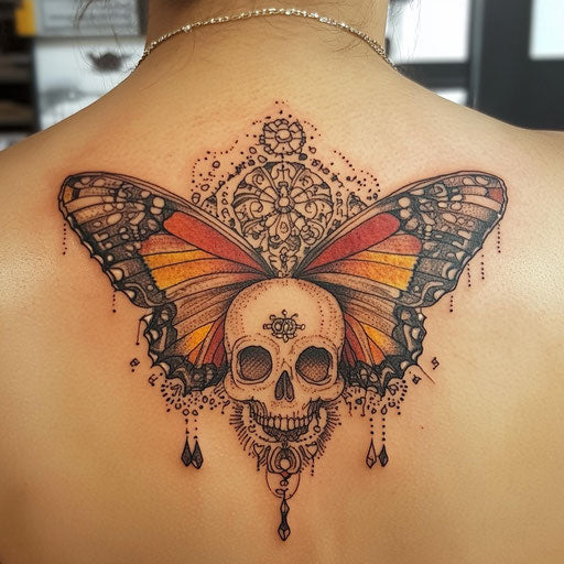 Skull butterfly tattoo on shoulder blade with mandala designs