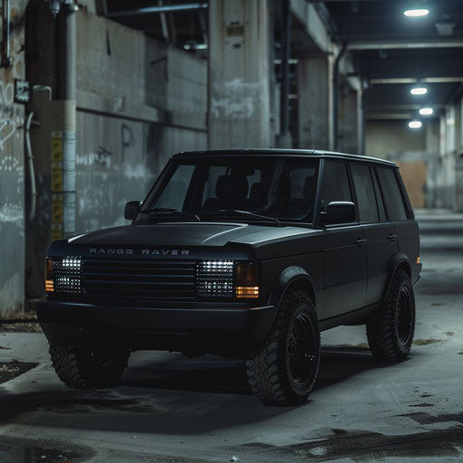 Sleek 1994 matte black vehicle navigating through secret government facility