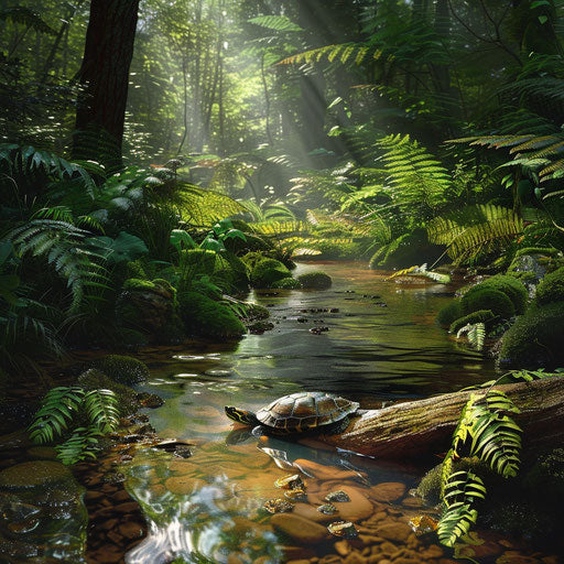 Serene woodland stream with turtle on submerged log