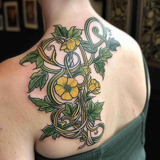 Celtic wildflower tattoo, knotwork patterns, green and gold accents, mythical