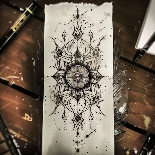 Bohemian flat tattoo sketch with chaotic mandala patterns in earthy tones