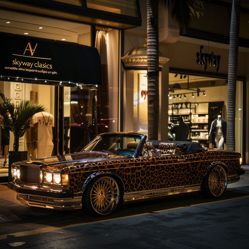 Elevated classic convertible with leopard print interior and gold rims, parked outside a luxury boutique at night.