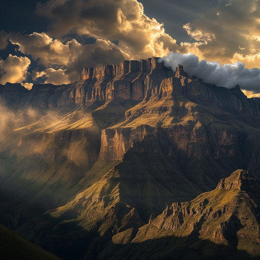 Majestic Drakensberg Mountains, dragons peak in golden light
