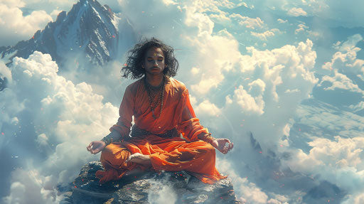 Levitating yogi in front of the Himalayas
