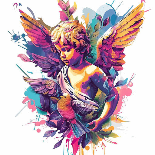 Digital cherub tattoo design with crisp lines and vivid colors on white background