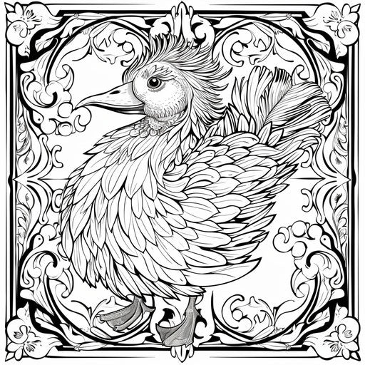 A fanciful duck with Art Nouveau style decorated feathers. Coloring book page