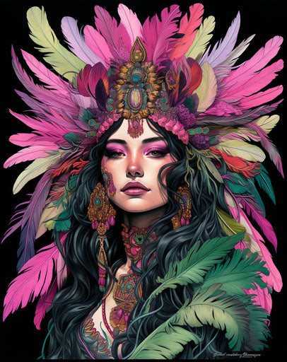 Black haired green feather lady boho style colorful fantasy realism