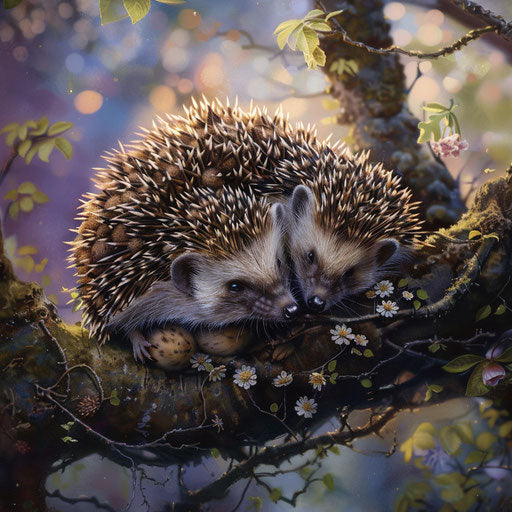 Family of hedgehogs snuggled for warmth at spring dawn