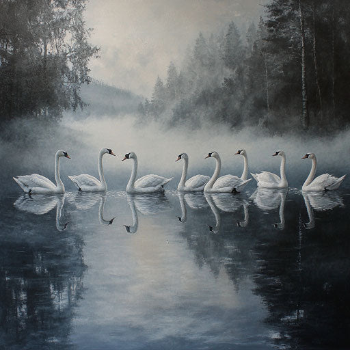 Seven swans swimming gracefully in a misty lake