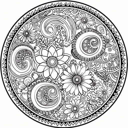 Circle with paisley patterns and floral elements. Coloring page