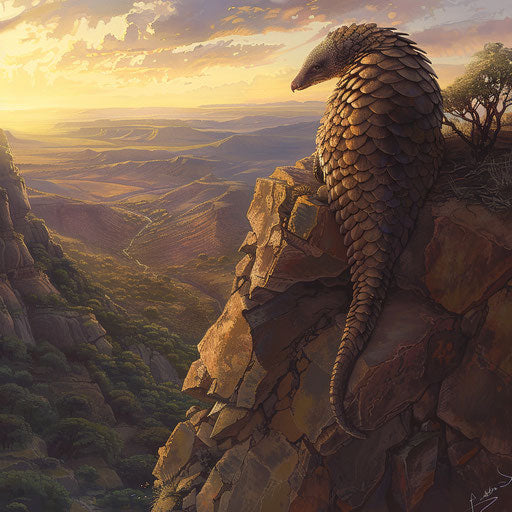 Pangolin's serene dawn, gazing over vast valley from high cliff.