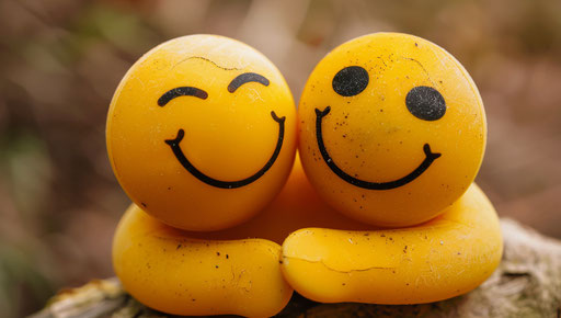 Two yellow smiling emoticoids embracing with affection