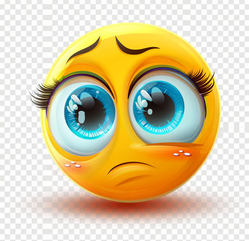 Sad emoji clipart, yellow with large blue eyes and eyelashes, transparent background 28:27