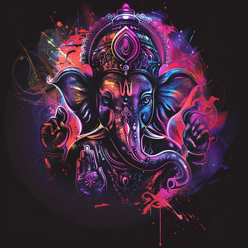 Dynamic tattoo sketch of Ganesha, clipart style with a splash of neon colors and sharp outlines