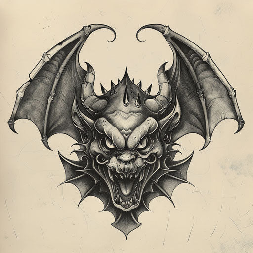 Monochrome realistic tattoo sketch of a gargoyle