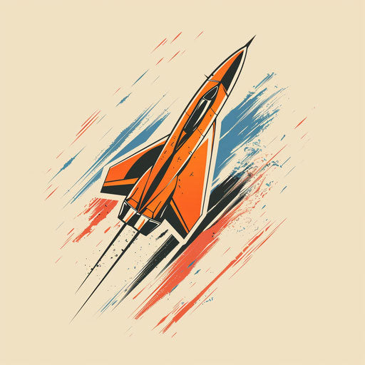 Dynamic flat tattoo sketch of a supersonic jet breaking the sound barrier in vivid orange and blue, clipart style