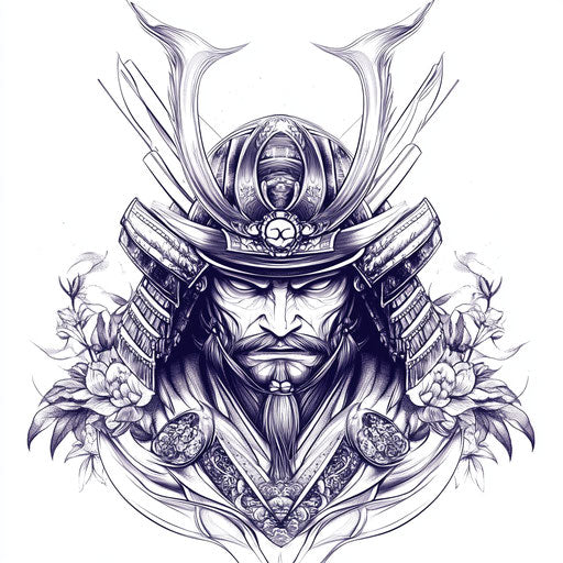 Japanese samurai tattoo in Art Nouveau style on white background