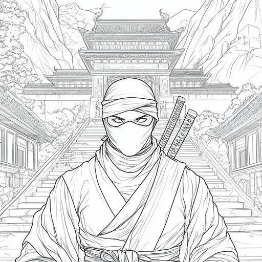 Ninja in ancient temple, Ruben Ireland style, coloring page