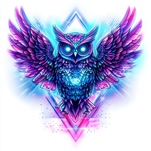Owl chest tattoo in flat sketch and neon style