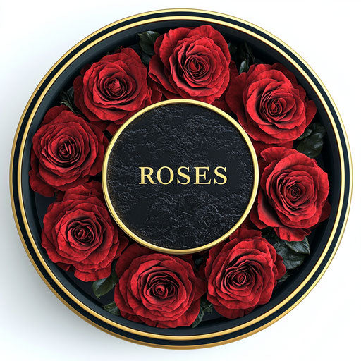 30 red roses in a round black box with a gold foil 'ROSES' logo deeply carved.
