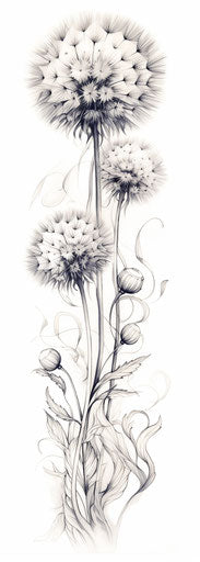 Dandelion tattoo design, feminine sensibilities, white background