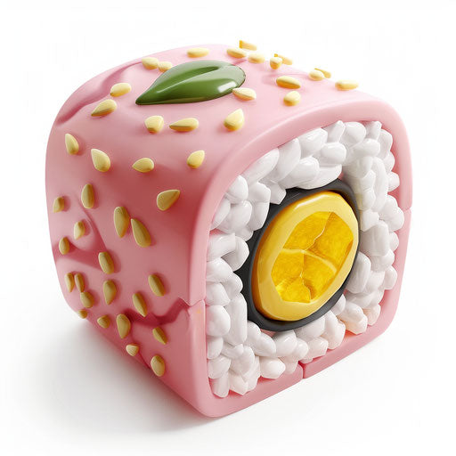 3D icon of a pink sushi roll with white rice and yellow eggs
