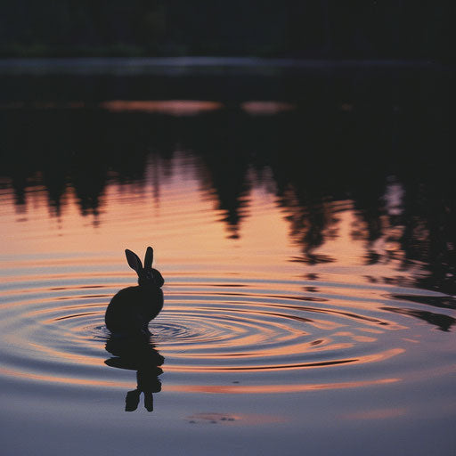 Rabbit silhouette hopping by serene lake at twilight
