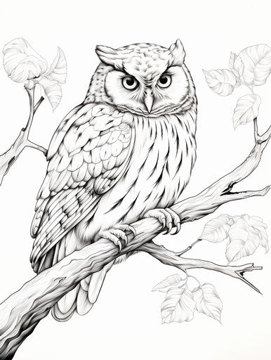Owl on branch, clean and sharp inking style, commission 3:4