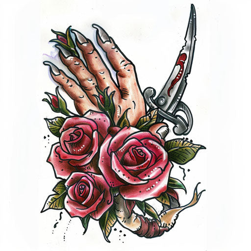Tattoo of a pirate's hook hand with roses and a scroll