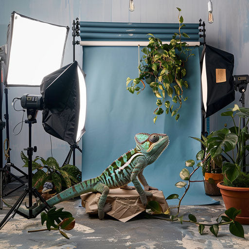 Chameleon in a photo studio, posing with various backdrops and lighting
