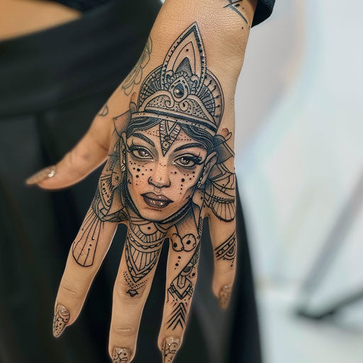 Epic narrative hand tattoo of ancient symbols for women