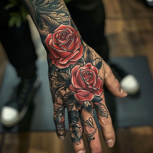 Rose hand tattoo in the style of Humberto Ramos with a dynamic, action-packed rose scene