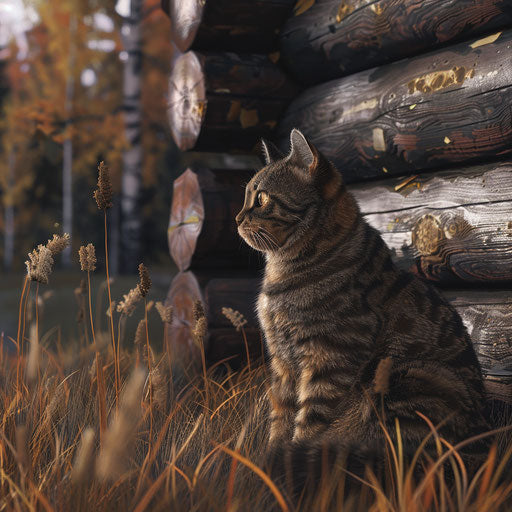 Chubby cat in front of a log cabin