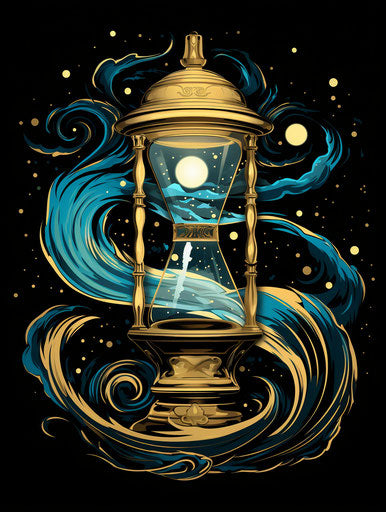 Celestial hourglass in feminine art, sci-fi baroque, light gold and dark cyan