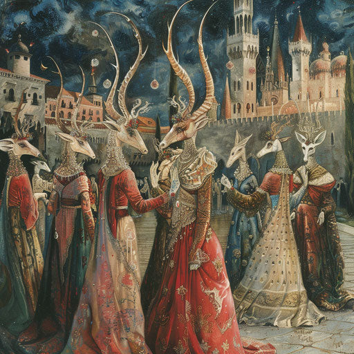 Gazelles elegantly dressed for a grand ball in a castle