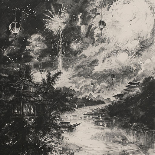 Dynamic flat tattoo sketch of a riverside festival with lanterns and fireworks