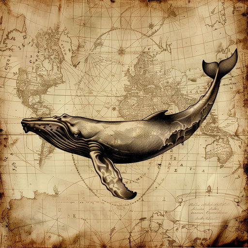 Vintage nautical tattoo sketch of a whale with old map textures and earth tones
