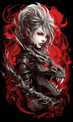Black and white and red dragon tattoo, graphic novel art style