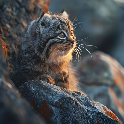 Pallas's cat kitten playing among rocks