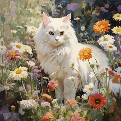 White cat in a field of flowers