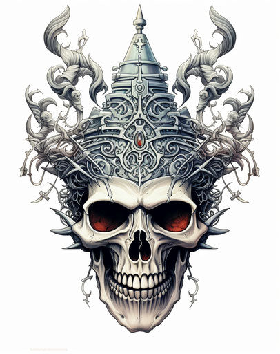 Drawing of a skull with horns and a hat on white background