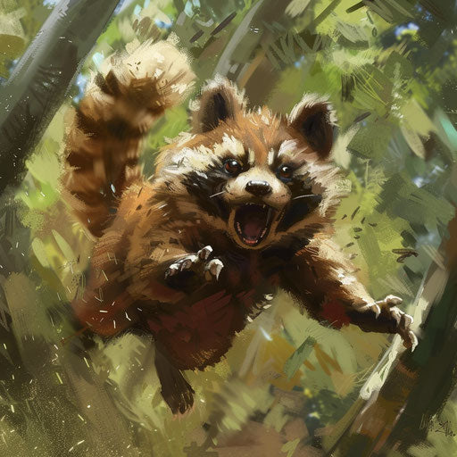 Tanuki in mid-motion, energetic and lively