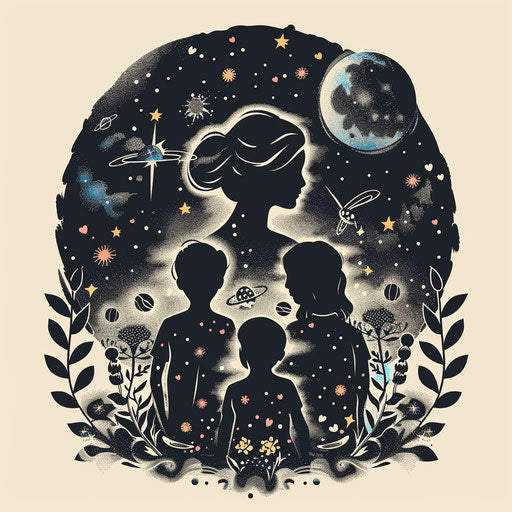 Flat tattoo of three children in a galactic theme