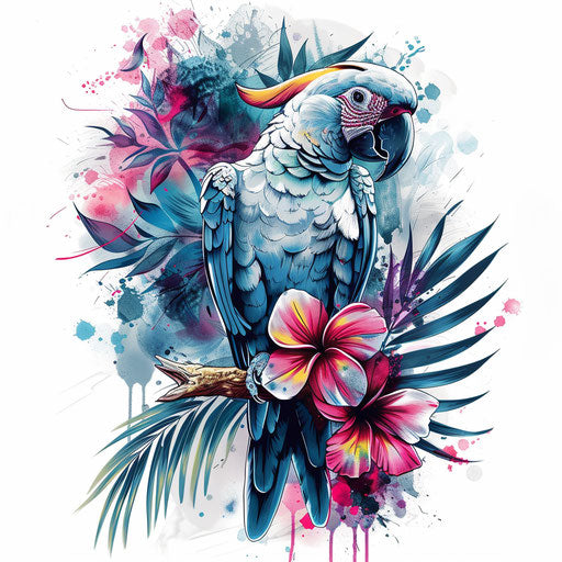 Bold tattoo sketch of a parrot perched on a branch with tropical flowers, bright blues and pinks, clipart style