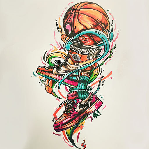 Flat tattoo sketch of basketball and sneakers, colorful