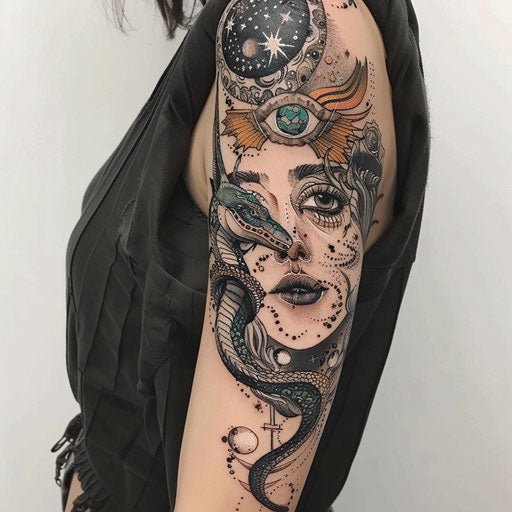 Surreal cosmic sleeve tattoos with mythical creatures